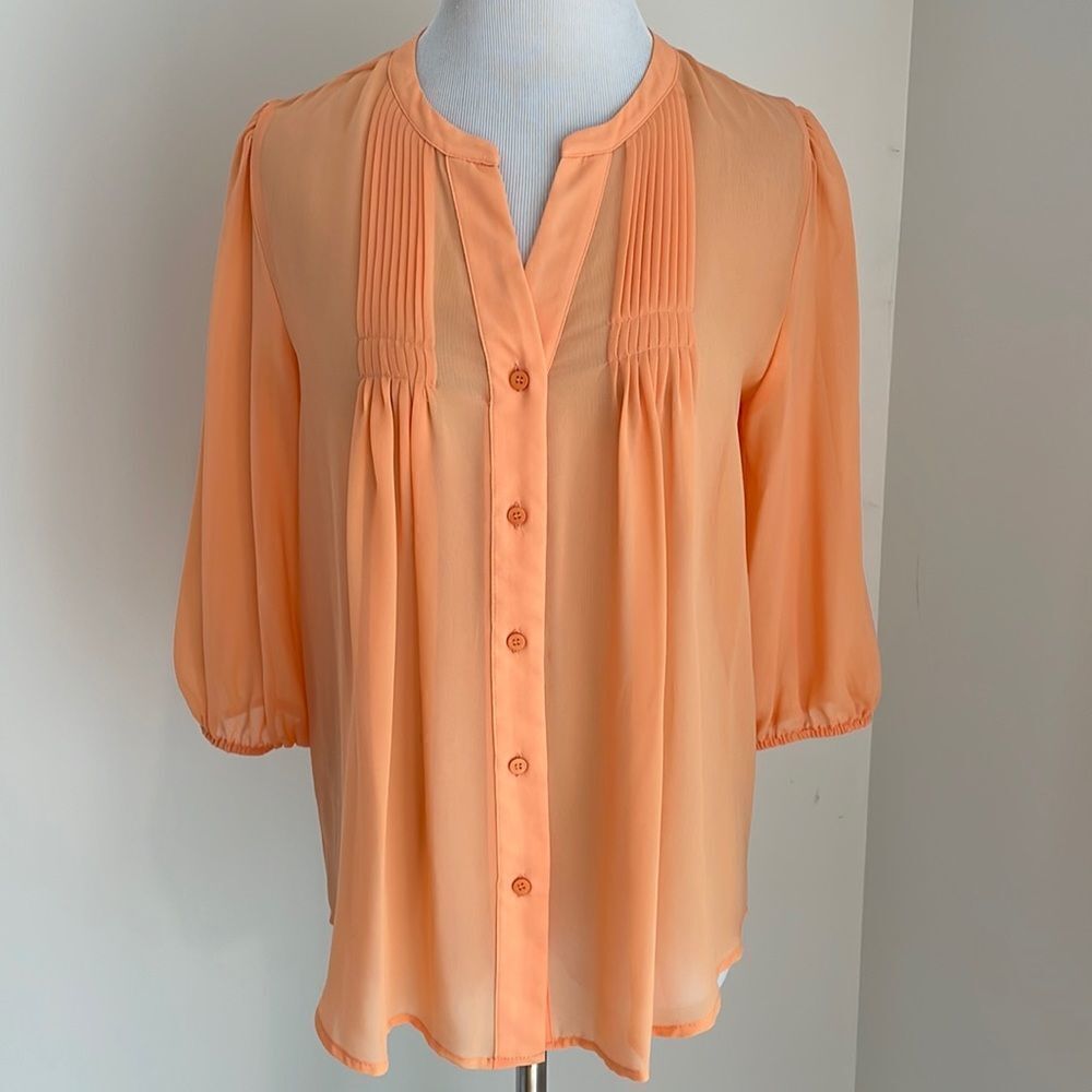 Sherbet orange button down blouse W/ front gather accents elastic sleeves size S